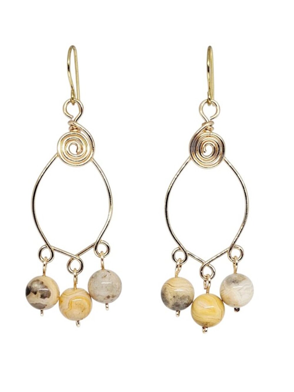 Handmade Agate Yellow Gray Gemstone Chandelier Dangle Gold Tone Boho Earrings